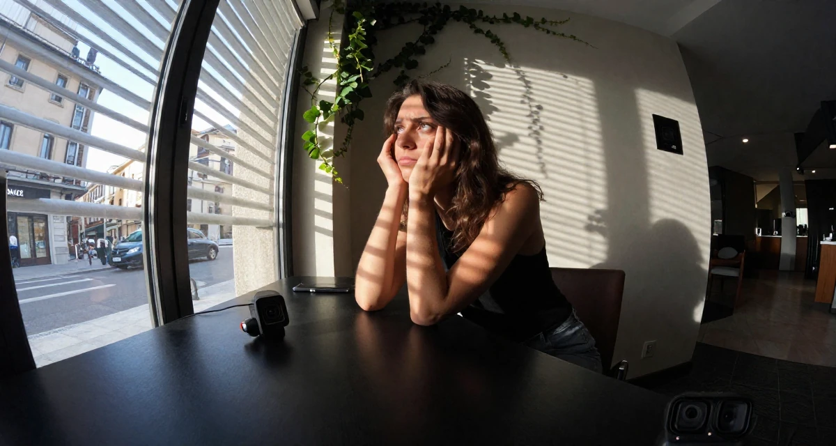 A thoughtfully silent Female From Italy, studied graphic design in their 23, masking anxiety behind playful posts, wearing a urban minimalist silhouette, looking at a reflection in a window in a hotel lobby.