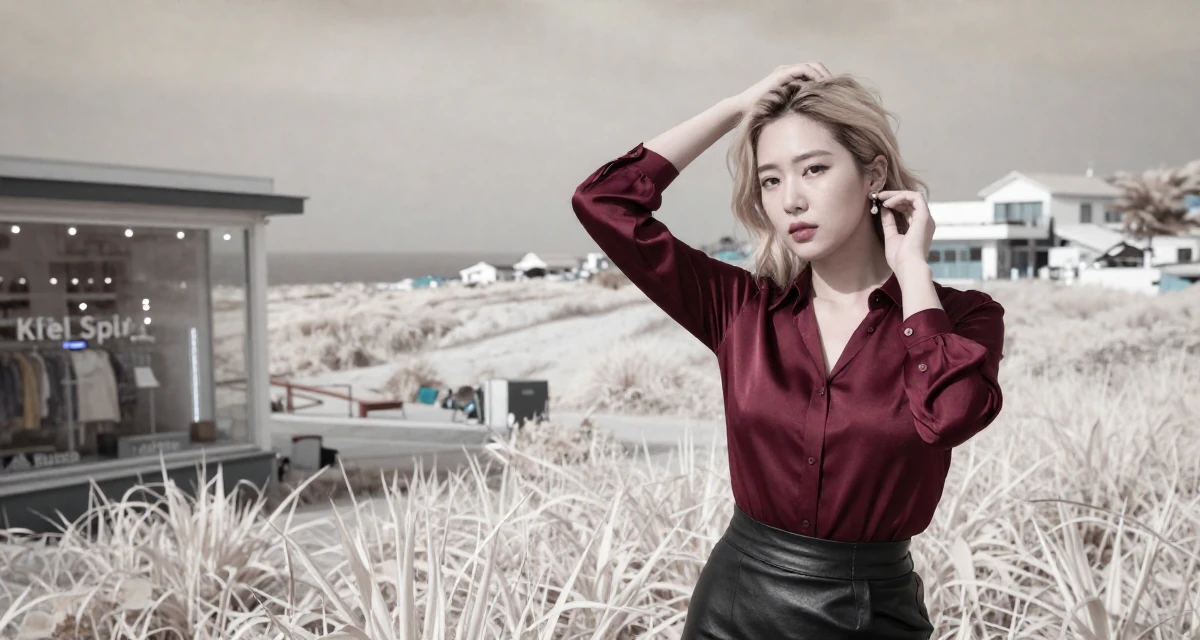 A confident Female From South Korea, based in Busan, graduated from a design institute majoring in visual communication in their 22, balancing personal dating life with creator identity, wearing a burgundy silk blouse and black leather skirt, putting on earrings in a desert landscape.