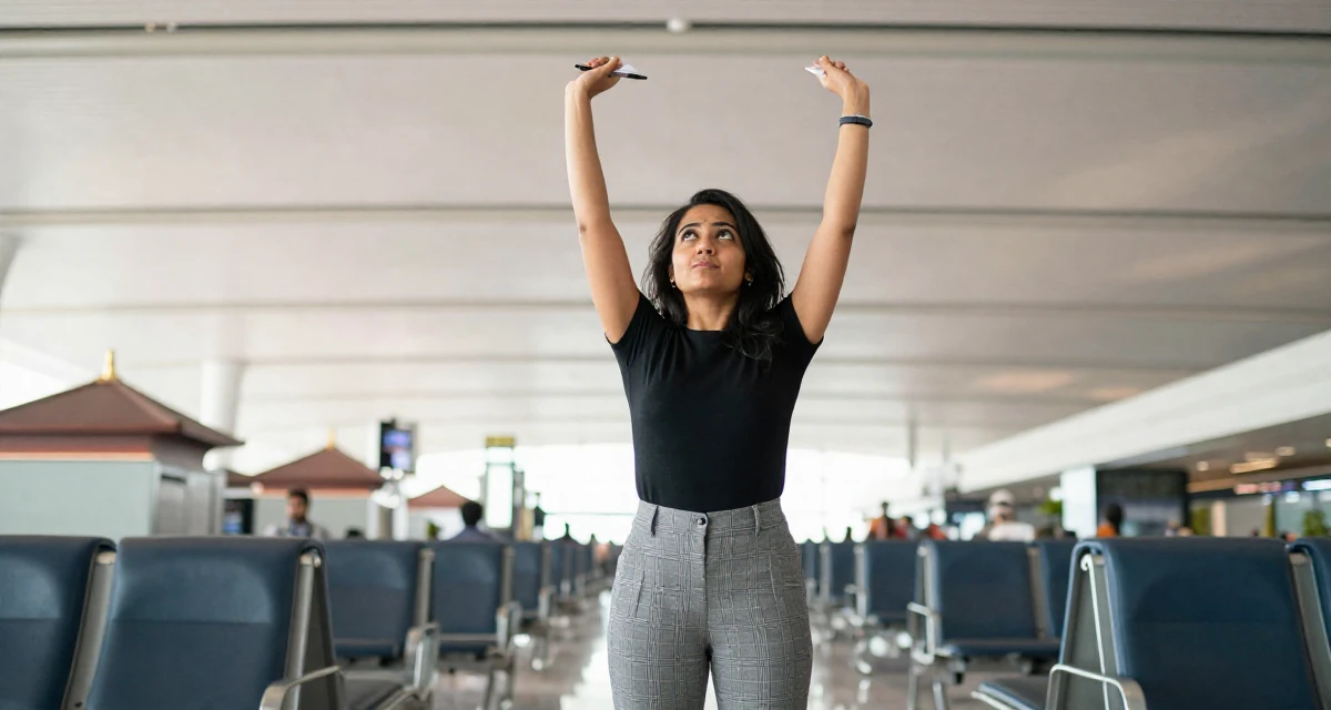 A engrossed Female From New Delhi India, majored in English literature in their 25, experimenting with playful photos that boost confidence, wearing a grey plaid trousers and a fitted black tee, holding a pen poised to write in a airport departure lounge.