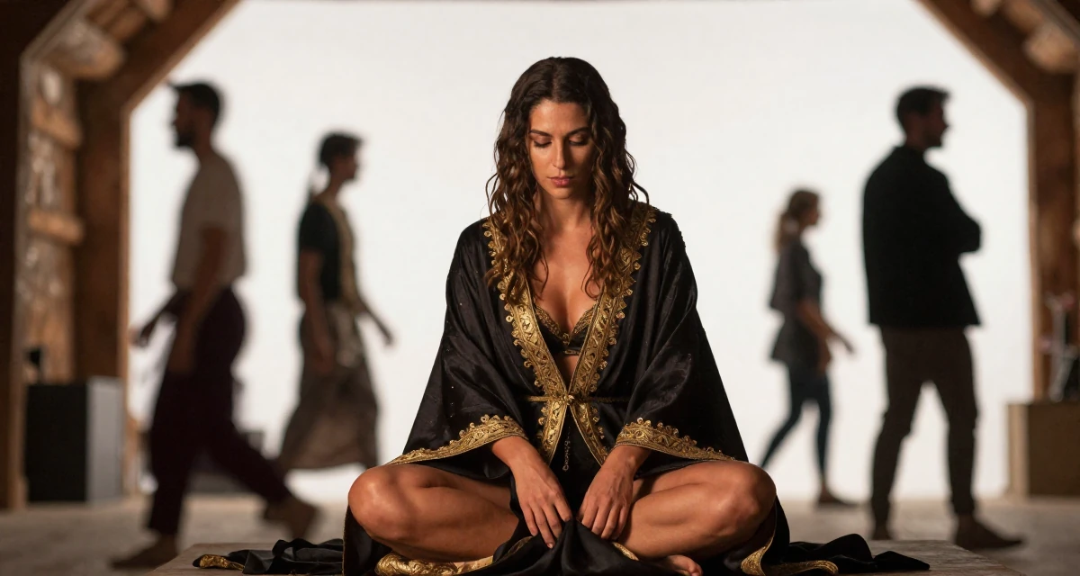 A glowing Female From Madrid Spain, studied sensual dance and camera presence in their 25, navigating emotionally intense relationships, wearing a high-fantasy sorceress robe with gold embroidery, smoothing out clothes in a rustic wooden cabin interior.