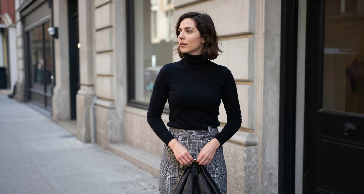 A focused Female From USA, trained as a yoga instructor in their 36, sharing the ups and downs of entrepreneurship, wearing a classic black turtleneck tucked into a plaid midi skirt, zipping up a bag in a city sidewalk.