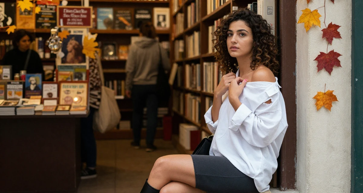 A dreaming Female From Greece, studied classical studies and history in their 25, handling first DMs from subscribers respectfully, wearing a oversized white shirt worn off one shoulder and biker shorts, adjusting a collar in a quiet library corner.