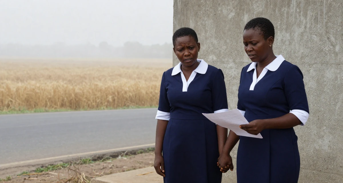 A emotionally moved Female From Gabon, studied oil and gas management in their 40, focusing on legacy and long-term wealth, wearing a navy blue dress with white collar and cuffs, holding a piece of paper in a country road.
