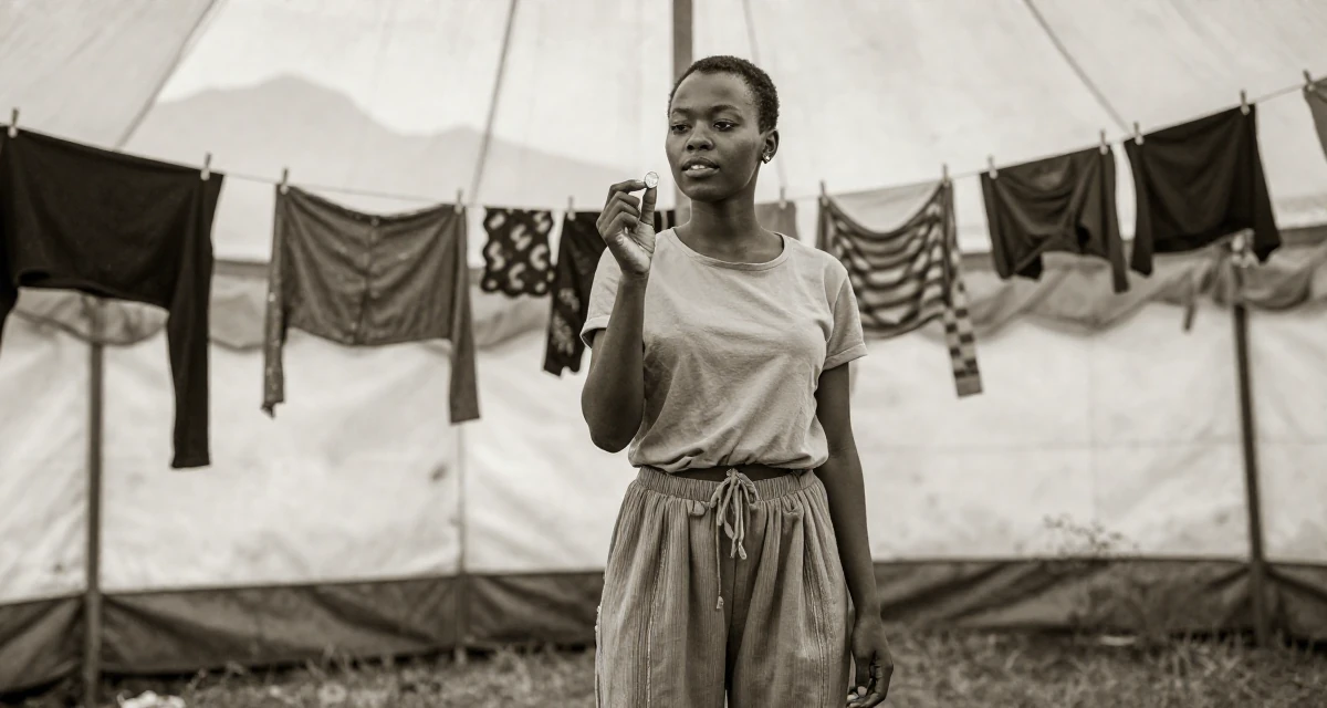 A focused Female From Nairobi Kenya, holds a degree in communications in their 28, mastering the art of work-life boundaries, wearing a relaxed fit pleated trousers, flipping a coin in a circus tent interior.