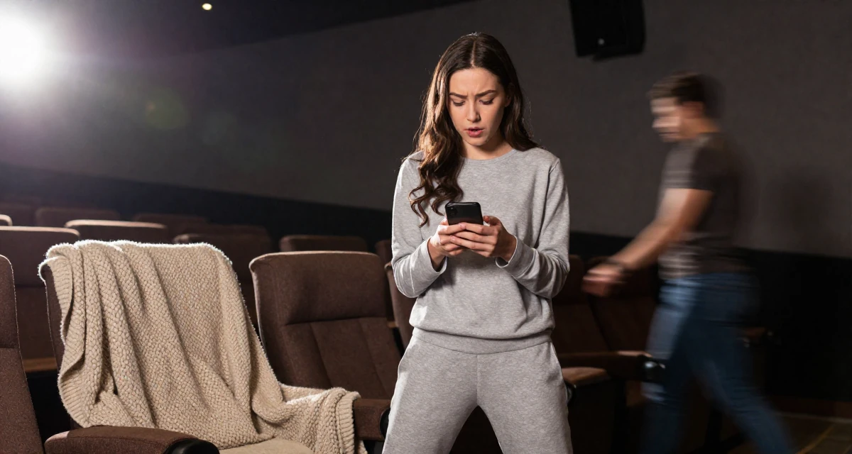 A curious Female Once a junior accountant, now embracing creative independence in their 23, learning the pain of “low views after high effort”, wearing a comfortable lounge wear set, checking a phone in a cinema lobby.