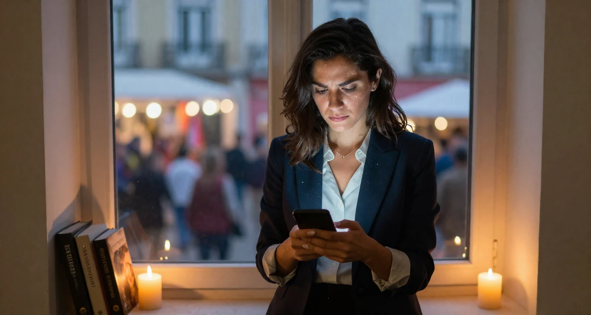 A sarcastic Female From Lisbon Portugal, majored in digital communication in their 25, forcing productivity during slow months, wearing a sharp business casual attire, checking a phone in a cozy reading nook by a window.