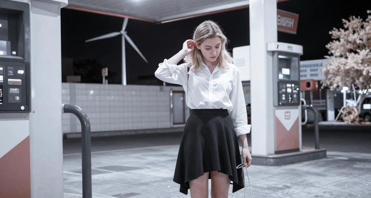 A innocent Female From Argentina, studied digital illustration at a local art institute in their 20, navigating the chaos of freshman year university life, wearing a asymmetrical hem skirt and a crisp white shirt, tying a shoelace in a gas station at night.