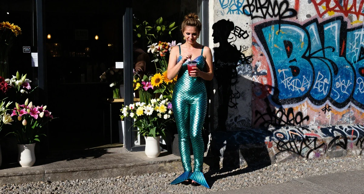 A mischievous Female From Belarus, studied performance media in their 23, trying to collaborate with other creators for visibility, wearing a mermaid scale texture bodysuit with fin details, stirring a drink in a flower shop entrance.