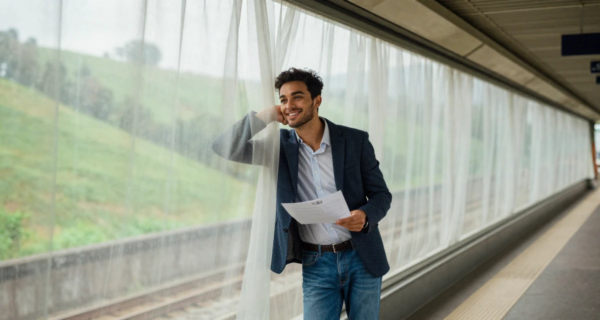 A vibrant and alive male Grew up in France, majored in cultural studies in their 24, looking for meaning beyond the paycheck, wearing a business casual outfit with jeans and a blazer, holding a piece of paper in a subway station.