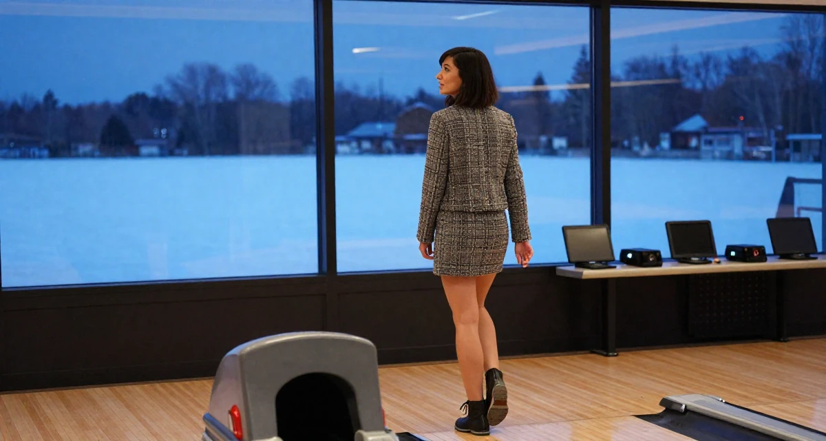 A rebellious Female Once a logistics temp worker, now enjoying flexible creator life in their 26, chasing the digital nomad lifestyle dream, wearing a tweed mini skirt and a matching jacket, looking out the window in a bowling alley.