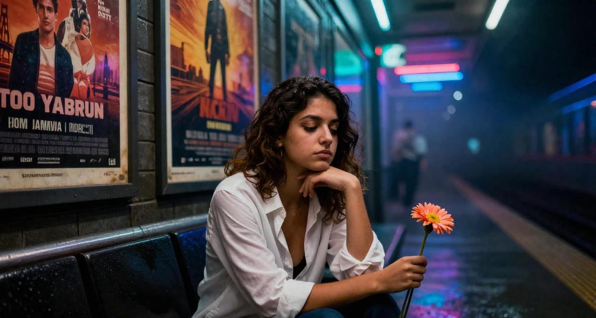 A zen-like Female From Argentina, based in Rosario, graduated from a national university majoring in audiovisual production in their 22, missing the freedom of student days, wearing a white shirt unbuttoned to the chest, holding a single flower in a subway station.