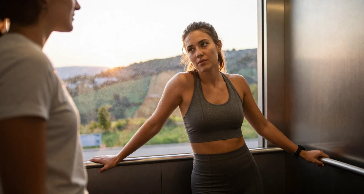 A wistful Female From Germany, has a background in psychology in their 25, confident enough to wear what they truly like, wearing a modern casual lifestyle wear, grabbing a railing for support in a elevator hall.