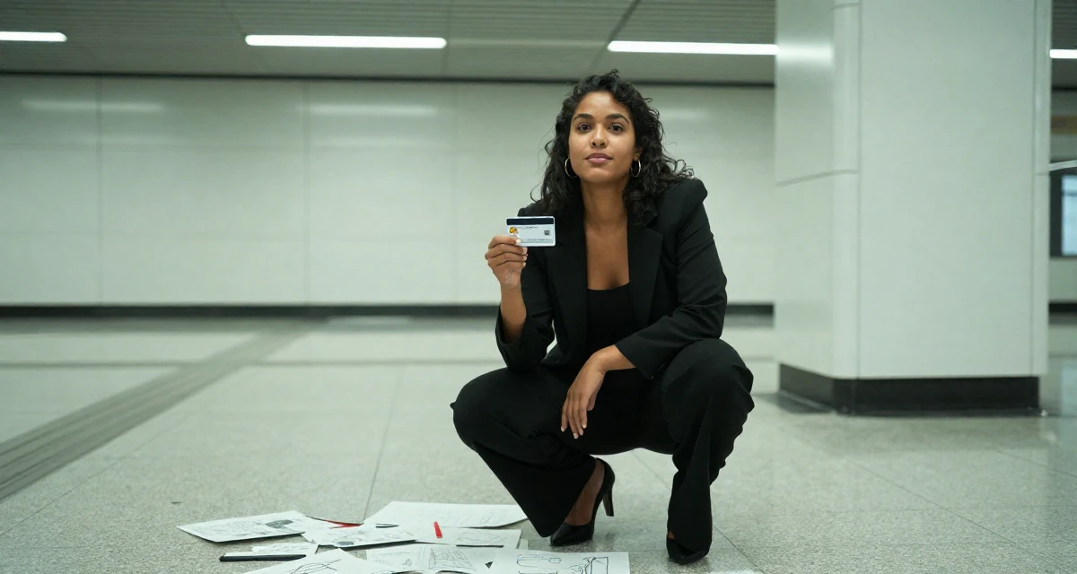 A vibrant and alive Female From Angola, majored in logistics operations in their 24, understanding long-term consequences of choices, wearing a black jumpsuit with a blazer style top, holding a subway card in a subway station.