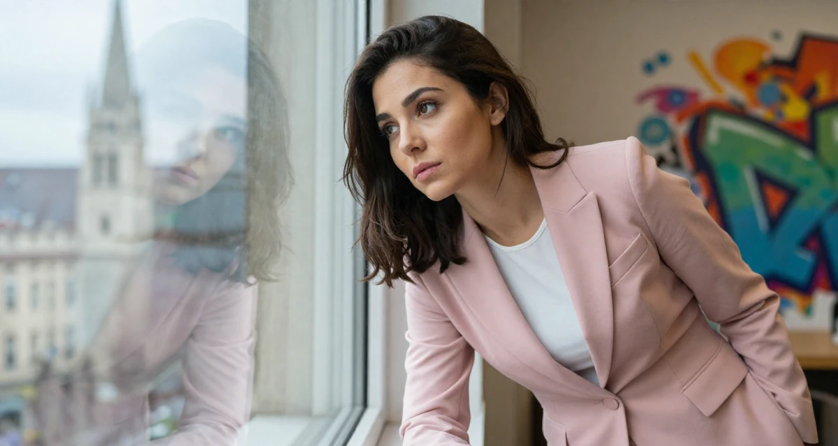 A pensive Female Once a med-school dropout, now exploring emotional vulnerability through art in their 32, newly married and adjusting to shared finances, wearing a tailored pantsuit in pastel pink with a white top, checking a reflection in a window in a quiet library corner.