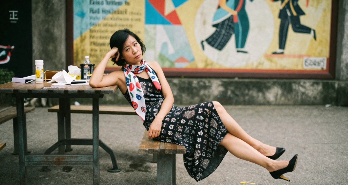 A melancholic male Raised in Vietnam, studied digital illustration in their 50, launching a second act career with passion, wearing a elegant midi skirt with a high slit and heels, wrapping a scarf around the neck in a quiet park.