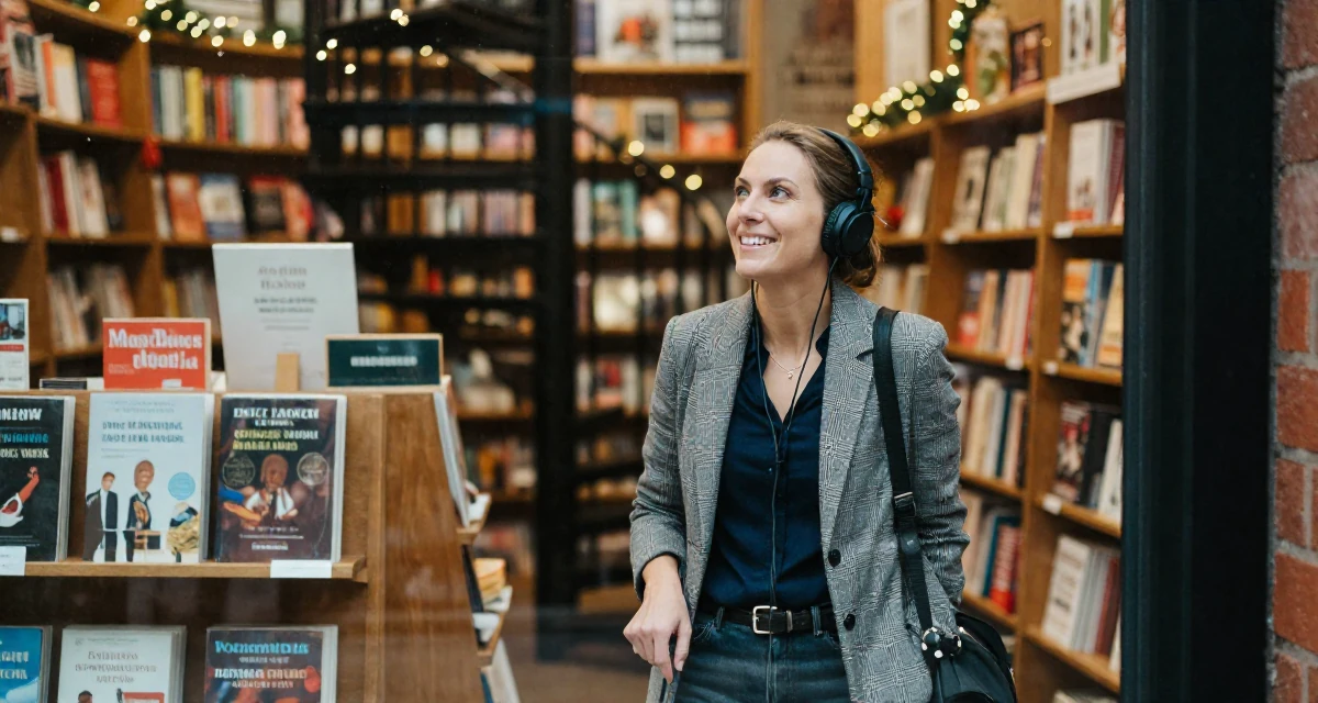 A victorious Female From Canada, trained in advertising and branding in their 36, building a community for working moms, wearing a refined casual Friday look, listening to music with headphones in a bookstore aisle.