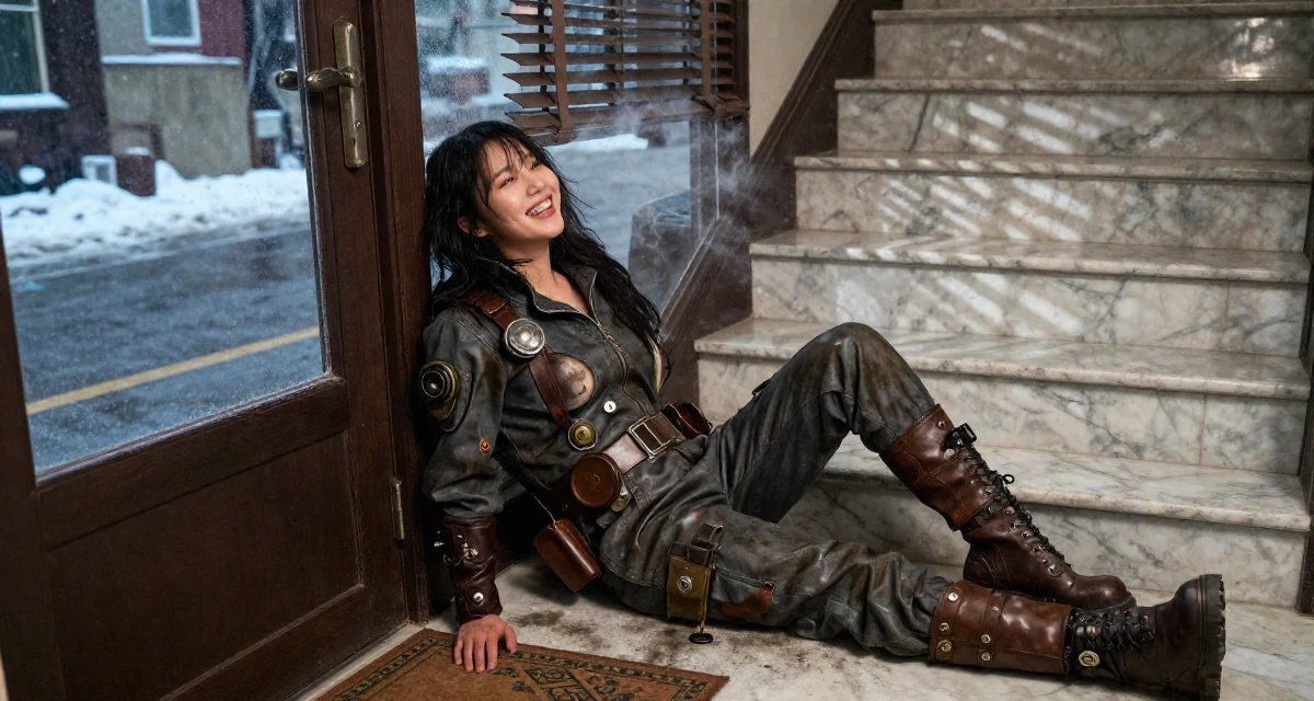 A delighted Female From South Korea, trained in broadcasting and media in their 27, recovering from hustle culture fatigue, wearing a steampunk mechanic jumpsuit with grease stains, leaning against a door in a country road.