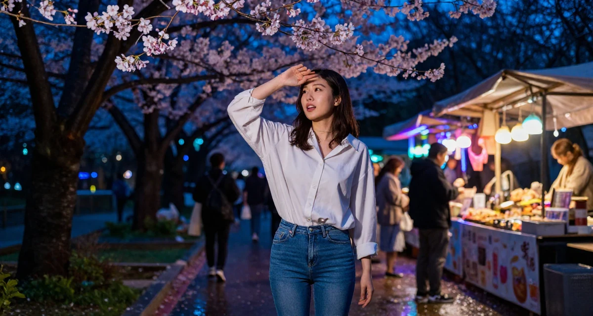 A open and honest Female From Seoul South Korea, studied international relations in their 22, dealing with inconsistent income month to month, wearing a loose fitting blouse tucked into tight jeans, shading eyes from the sun in a botanical garden.
