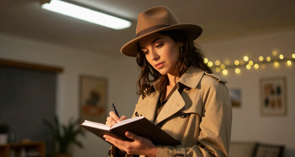 A refreshed Female Born in Colombia, trained in audiovisual communication in their 29, preparing for the transition into the 30s, wearing a detective trench coat and fedora hat, writing in a journal in a home interior.