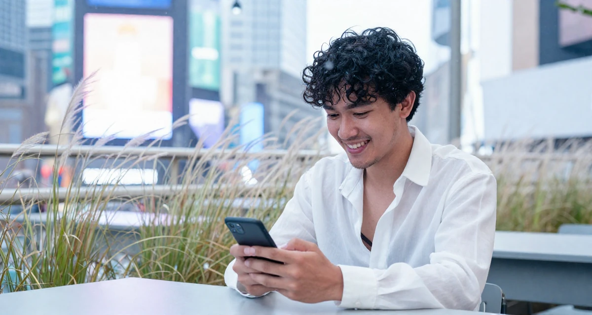 A upbeat male From Indonesia, majored in visual communication in their 25, planning high-quality shoots that feel bold but elegant, wearing a translucent white blouse and a dark bra underneath, reading a text message in a classroom setting.