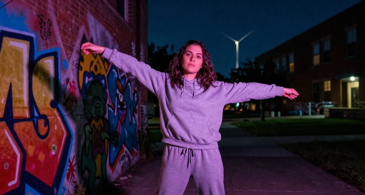 A solemn but kind Female From USA, studied computer science but switched to arts in their 25, experimenting with playful photos that boost confidence, wearing a comfortable lounge wear set, stretching arms in a university campus.