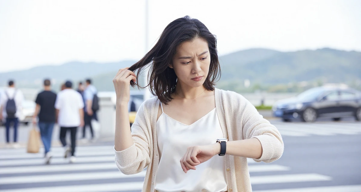 A judgemental Female Once a sewing hobbyist, now designing outfits for her shoots in their 30, planning adult responsibilities with unstable cash flow, wearing a white silk camisole and a beige cardigan, glancing at a wristwatch in a busy crosswalk.