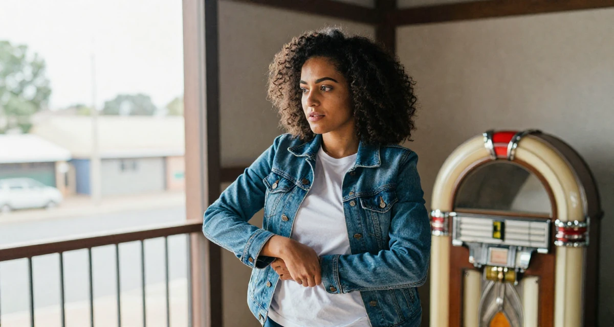 A vibrant Female From Johannesburg South Africa, explored fitness lifestyle content in their 24, balancing sensuality with authenticity, wearing a classic denim jacket and white tee, shifting weight impatiently in a barn interior.