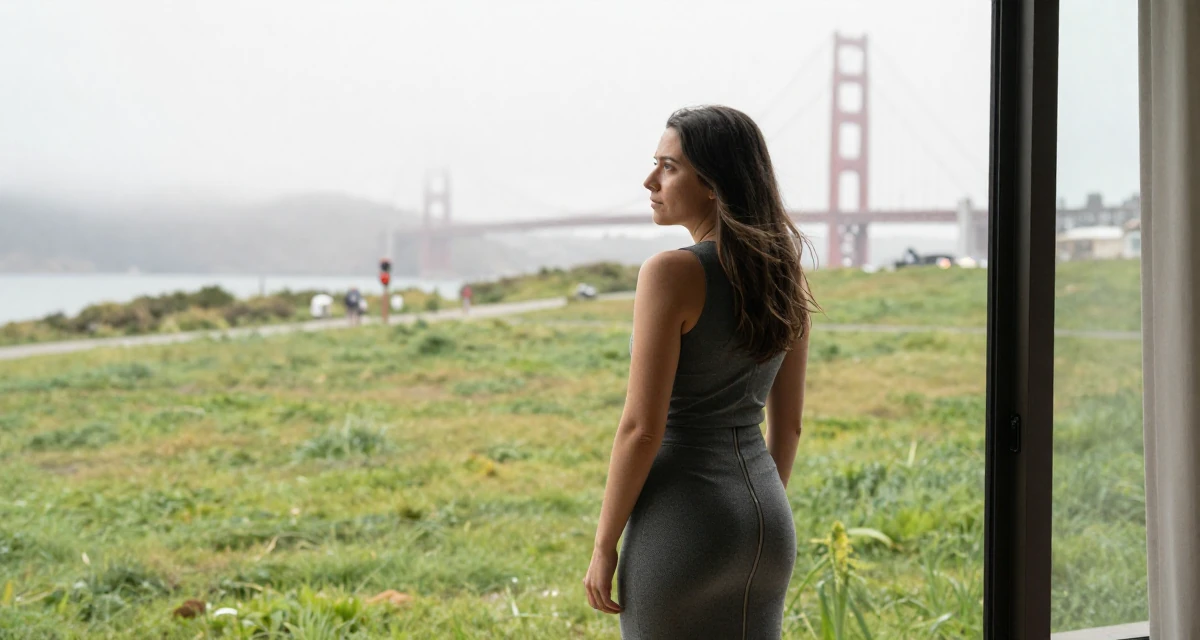 A exhausted Female Born in Colombia, trained in audiovisual communication in their 27, contemplating a major career pivot, wearing a pencil skirt with a zipper detail, looking out the window in a grassy field.
