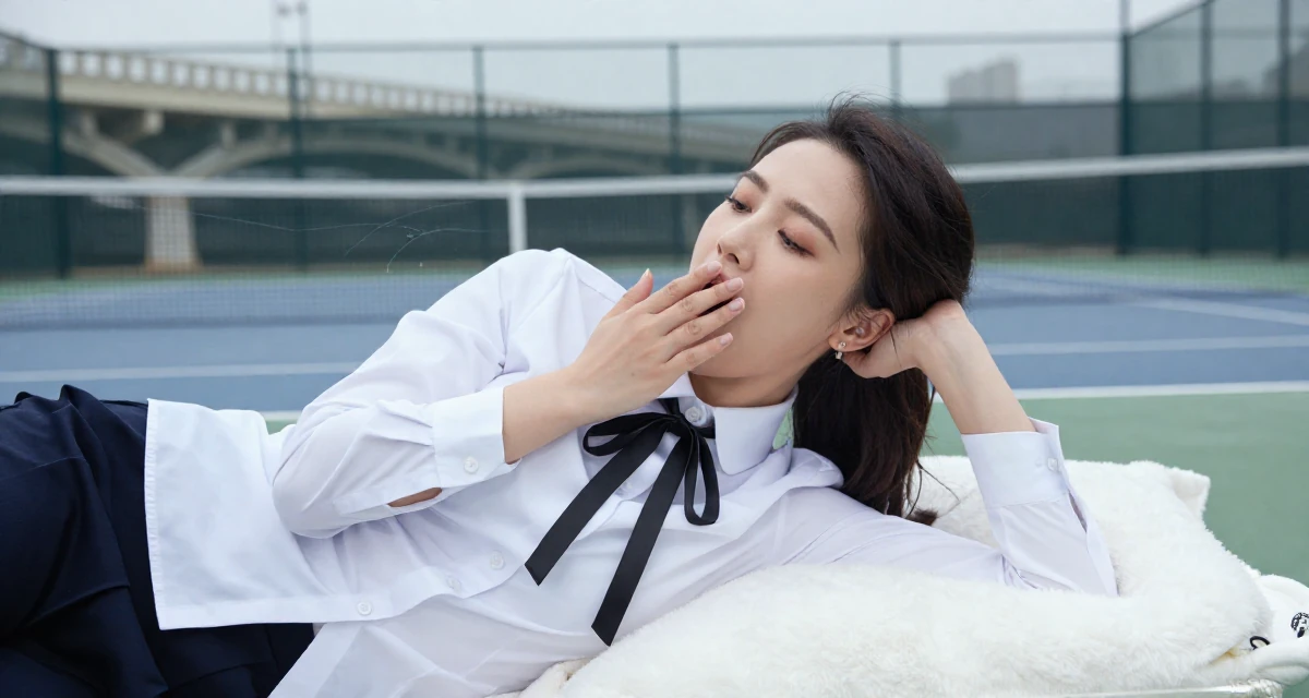 A sophisticated Female Previously a paramedic trainee, now focusing on fitness and resilience content in their 25, coping with homesickness during first year away, wearing a white shirt with a black ribbon tie, yawning discreetly in a tennis court.