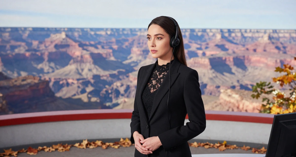 A pensive Female Former call-center worker, now crafting confidence-centric creator content in their 25, learning to hold eye contact through the lens, wearing a black lace top under a business suit, glancing over the shoulder in a radio station.