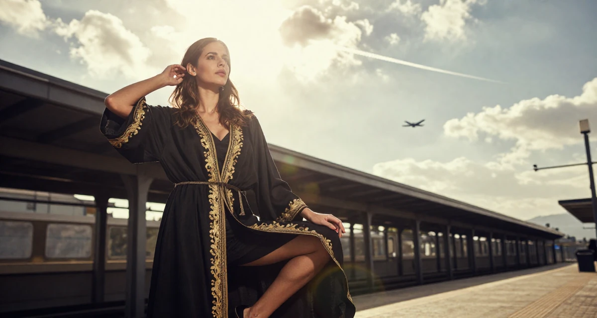 A observant Female From Guatemala, studied computer networks in their 41, tech executive pivot to digital content creation, wearing a high-fantasy sorceress robe with gold embroidery, tucking hair behind an ear in a subway station.