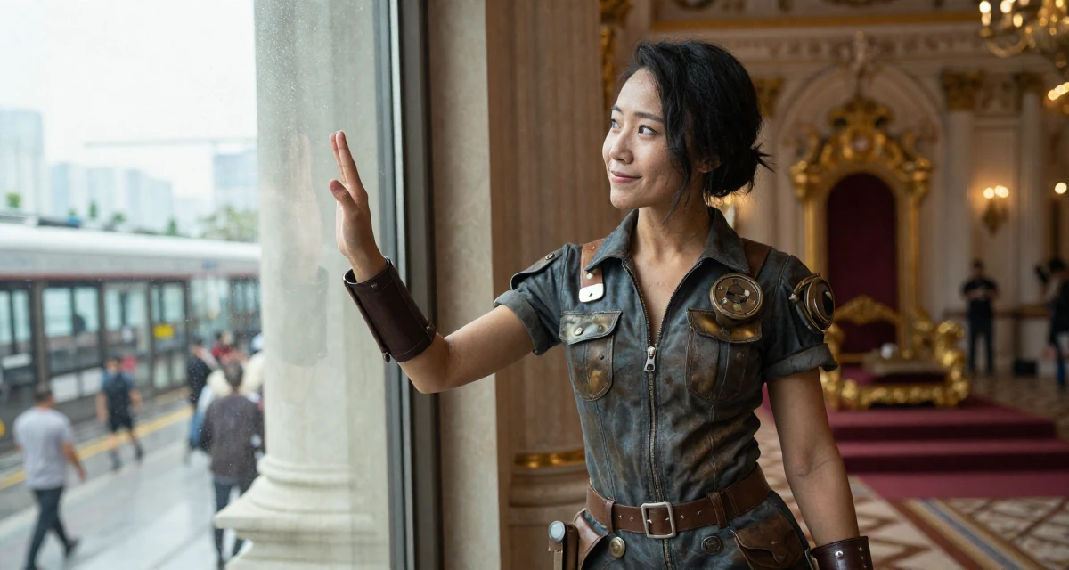A witty Female From Chongqing China, trained in yoga and body-movement expression in their 22, refining flirty messaging styles without oversharing, wearing a steampunk mechanic jumpsuit with grease stains, checking a reflection in a window in a royal palace throne room.