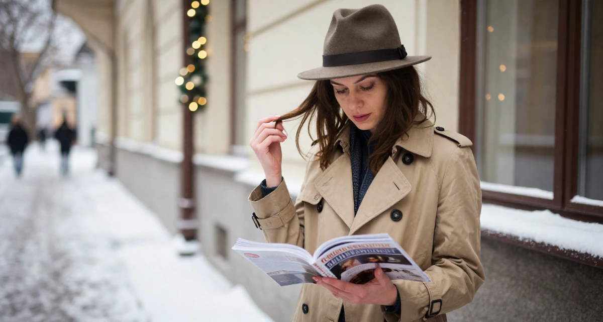 A composed Female From Hungary, majored in economics in their 36, documenting the process of writing a book, wearing a detective trench coat and fedora hat, flipping through a magazine in a snowy sidewalk.
