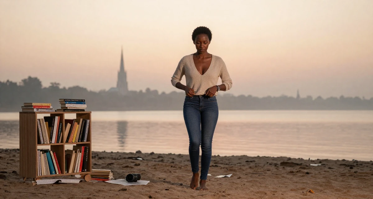 A timid Female From Nairobi Kenya, trained in expressive dance and confident movement in their 32, first-time homeowner documenting renovation process, wearing a plunging v-neck sweater and skinny jeans, gripping a lapel in a sunset beach.