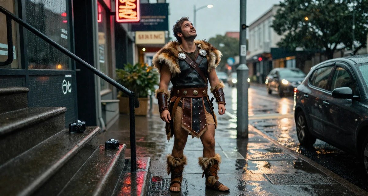 A lighthearted male From Australia, studied sports science and nutrition in their 33, creating content about healthy meal prepping, wearing a barbarian warrior outfit with faux fur and leather, looking up at the sky in a winding staircase.