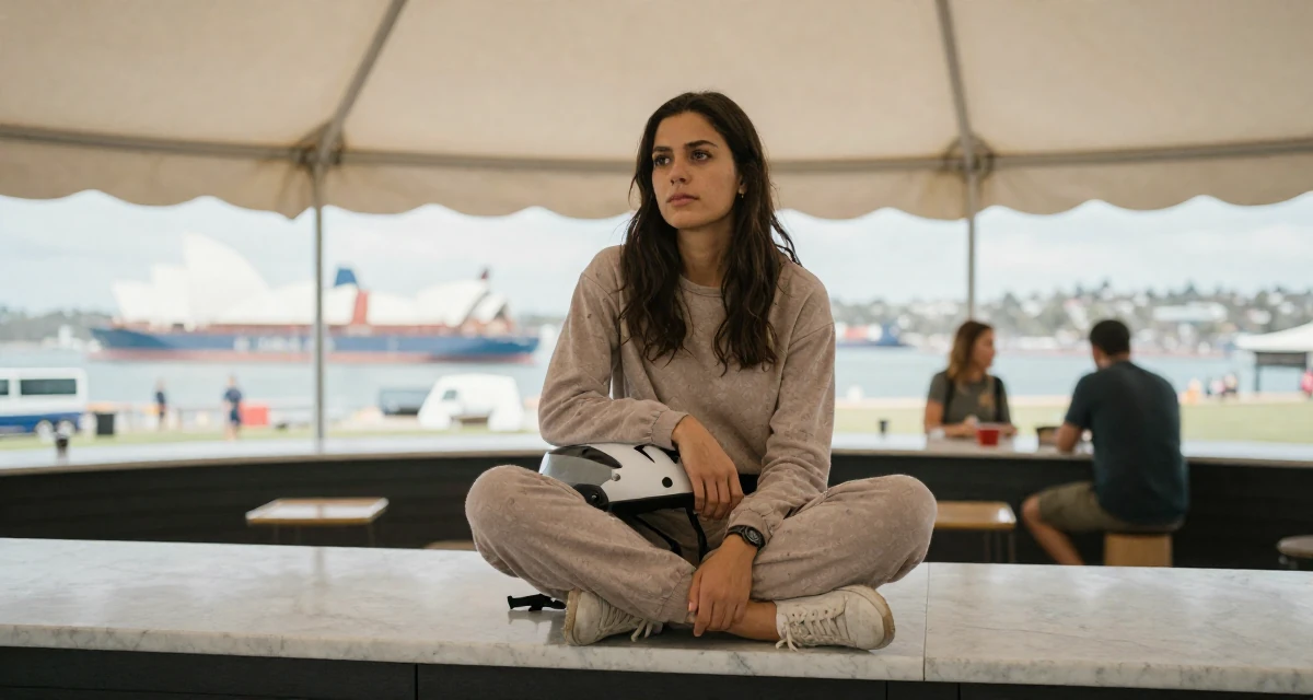 A settled Female From Australia, majored in finance at a private university in their 20, chasing creative dreams despite parental skepticism, wearing a comfortable lounge wear set, holding a helmet under one arm in a circus tent interior.