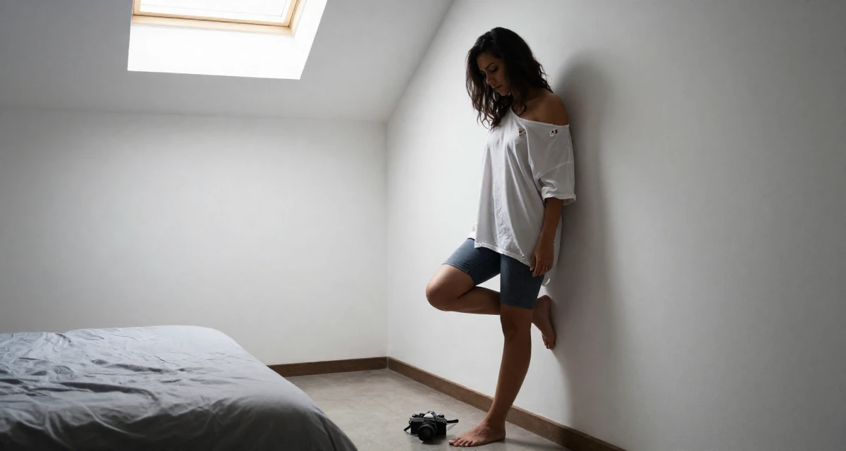 A thoughtful Female From Chile, majored in astronomy in their 24, hitting creative block but needing income anyway, wearing a oversized white shirt worn off one shoulder and biker shorts, looking down at the ground shyly in a minimalist bedroom.