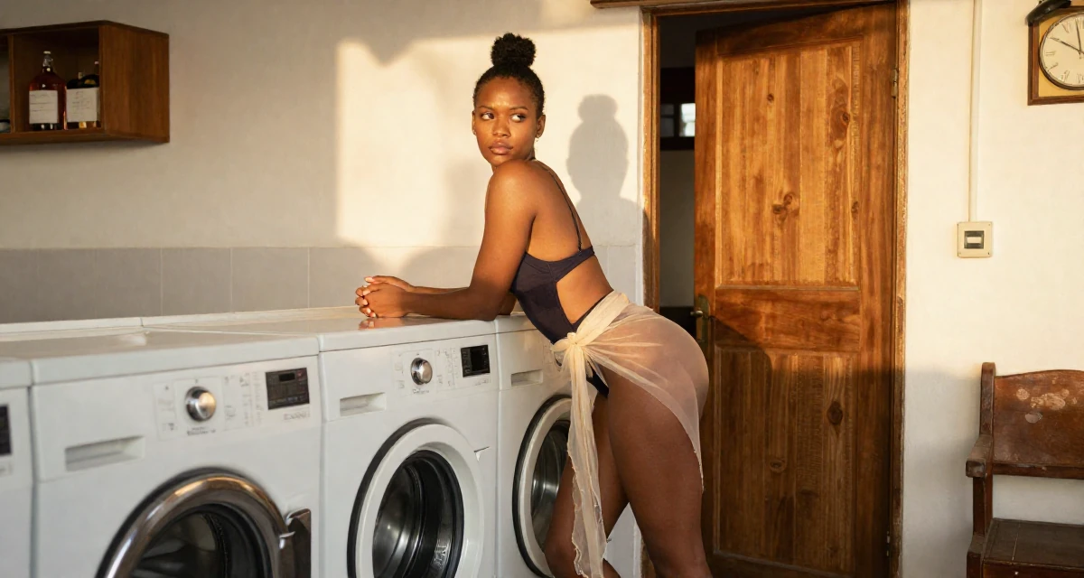 A rebellious Female From Mombasa Kenya, practiced swimwear aesthetics in coastal campaigns in their 46, creating a sanctuary at home for relaxation, wearing a sheer sarong skirt over a swimsuit, leaning against a door in a laundromat.