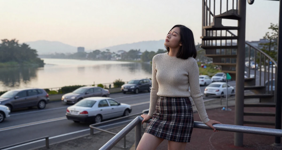 A hypnotic Female From Taiwan, based in Kaohsiung, graduated from an arts program majoring in intimate scene design in their 32, finding confidence in a leadership role, wearing a fitted merino wool sweater and plaid mini skirt, watching traffic pass by in a school playground.