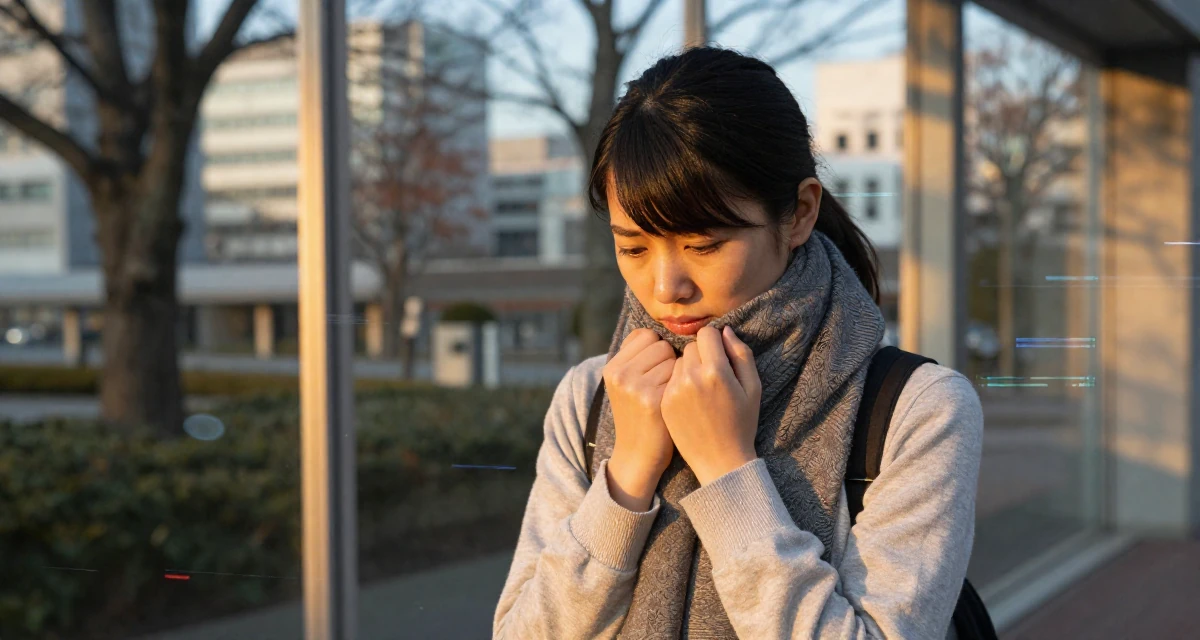 A warmhearted Female From Japan, majored in sociology in Tokyo in their 25, dealing with nervousness before posting first video, wearing a modern casual lifestyle wear, wrapping a scarf around the neck in a university campus.