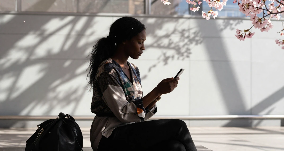 A triumphant Female From South Africa, majored in development studies in their 23, deciding between safe and risky career moves, wearing a artistic layered clothing, examining a product in a airport terminal.