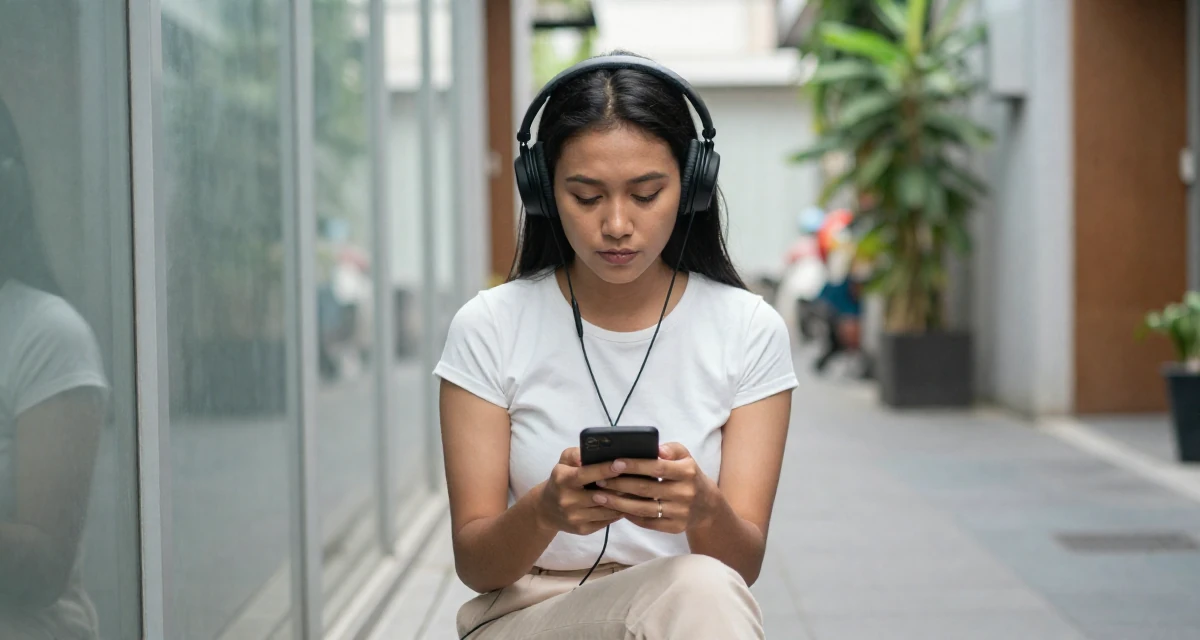 A solemn Female From Indonesia, based in Bali, graduated from an arts institute majoring in expressive digital portraits in their 22, refining flirty messaging styles without oversharing, wearing a minimalist everyday clothing, listening to music with headphones in a quiet alleyway.