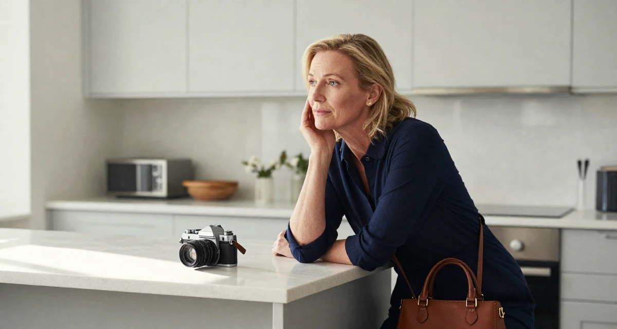A wistful Female From Denmark, majored in furniture design in their 34, focusing on skincare and graceful aging, wearing a classic navy blue ensemble, carrying a leather handbag in a sunlit kitchen island.