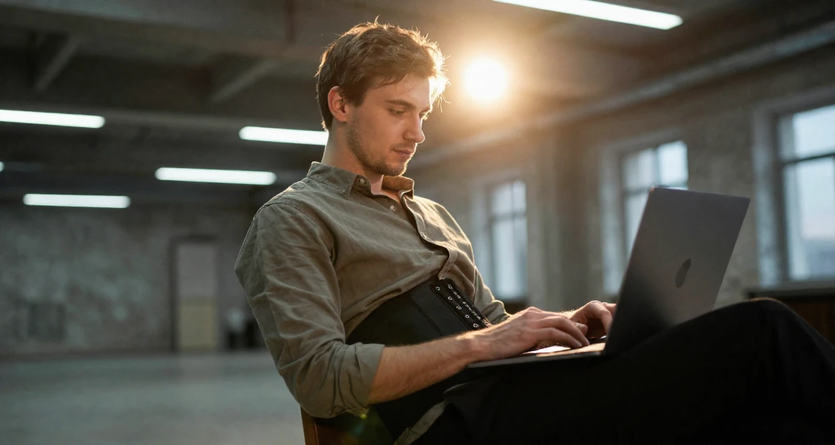 A humble male From Moscow Russia, majored in linguistics in their 25, exploring soft-glam looks to elevate content quality, wearing a button-up shirt with a corset belt and black pants, typing on a laptop in a industrial loft.