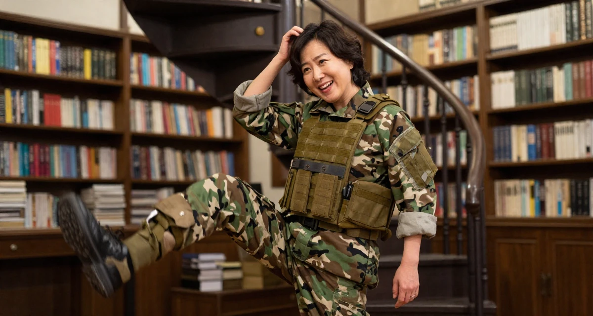 A delighted Female From Busan South Korea, trained at a private dance academy in their 35, glowing with the wisdom of experience, wearing a commando outfit with camouflage paint and tactical harness, scratching the head in confusion in a vintage bookstore.