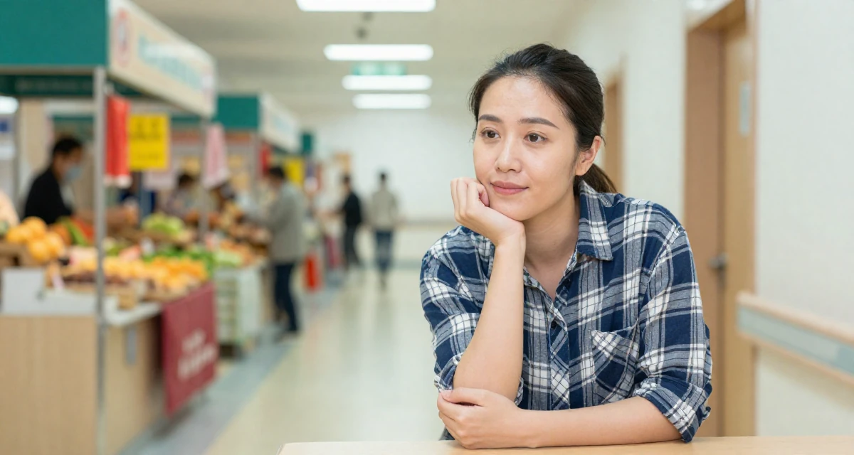 A placid Female Former geography club member, now producing exploration-themed content in their 42, sharing the journey of perimenopause health, wearing a casual plaid button-down, clasping hands together in a hospital corridor.