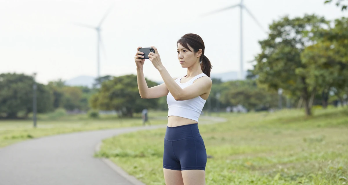 A impatient Female From Japan, majored in sociology in Tokyo in their 34, wearing success like a second skin, wearing a cropped gym top and high-cut running shorts, snapping a photo with a phone in a quiet park.