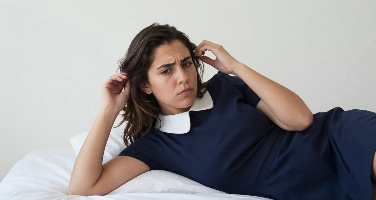A intense Female From Mexico, based in Guadalajara, graduated from a cultural academy majoring in expressive body movement in their 30, trying to escape corporate burnout, wearing a navy blue dress with white collar and cuffs, fixing a loose strand of hair in a minimalist bedroom.