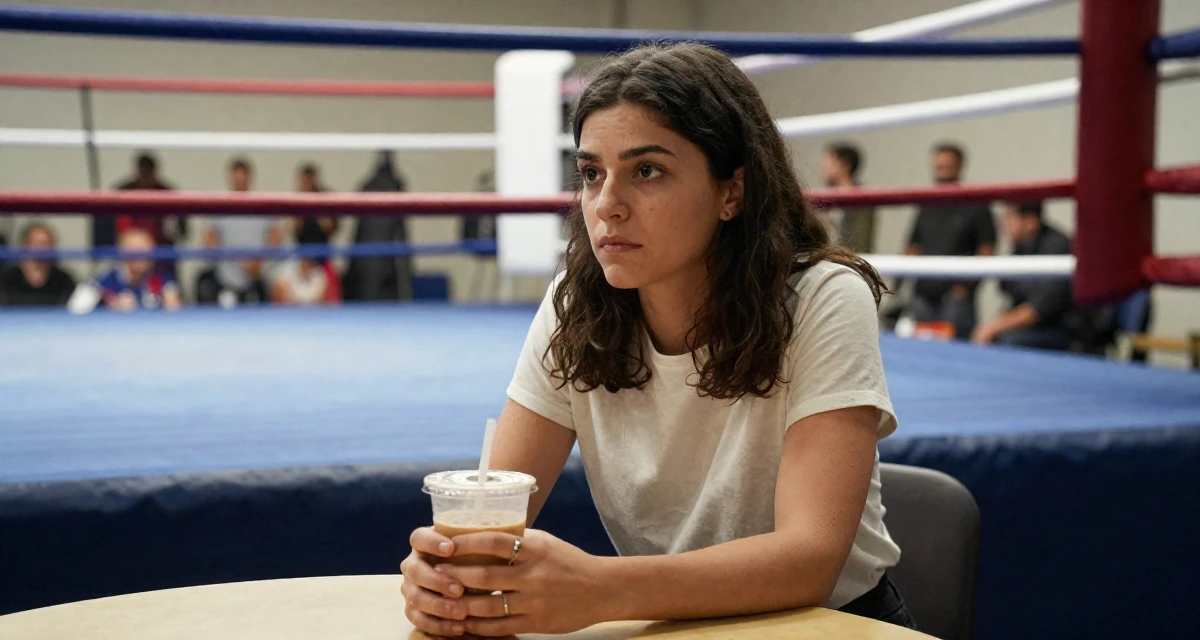 A determined Female From Ankara Türkiye, practiced intimate photography aesthetics in their 31, exploring advanced investment strategies, wearing a minimalist everyday clothing, holding a cold drink in a boxing ring.