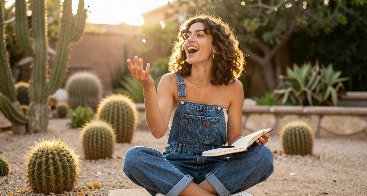 A enthusiastic Female From Marseille France, majored in culinary arts in their 24, learning to prioritize emotional well-being, wearing a tube top and oversized denim overalls with one strap down, catching a falling flower petal in a backyard garden.